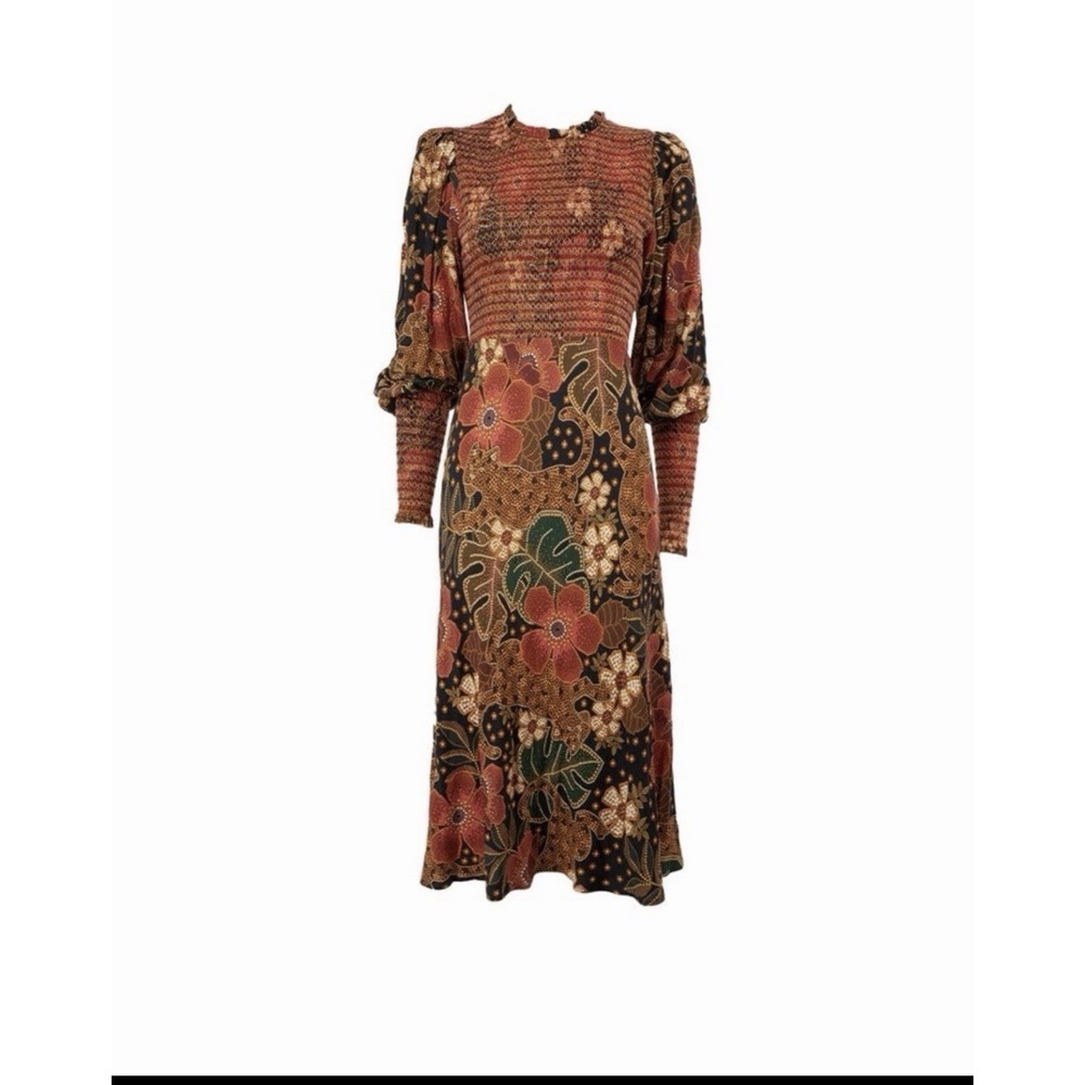 Farm Rio Midi Dress Flowered Leopard Womens M Crepe Puff Sleeve Boho Fall Hippie